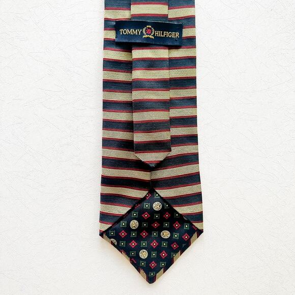 100% Silk Neck Tie Vintage Tommy Hilfiger Navy Red and Gold Tie - Picture 5 of 8